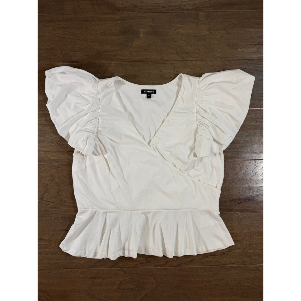 Express Womens White Flutter Sleeve Surplice Peplum V-Neck Blouse Top‎ Large